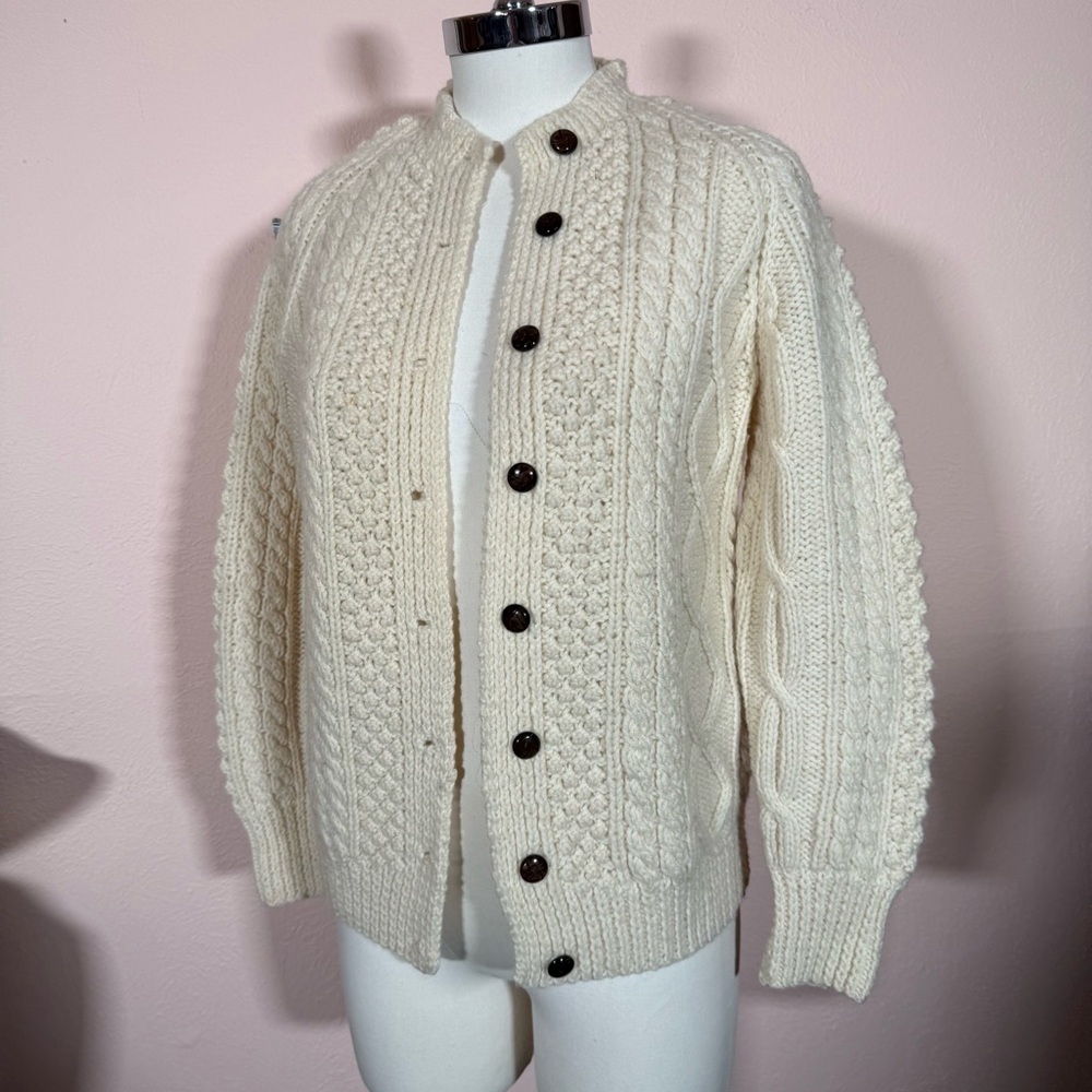 Vintage 1950’s hand knit Cable Knit Irish wool Cream Cardigan sweater fisherman - Picture 11 of 13
